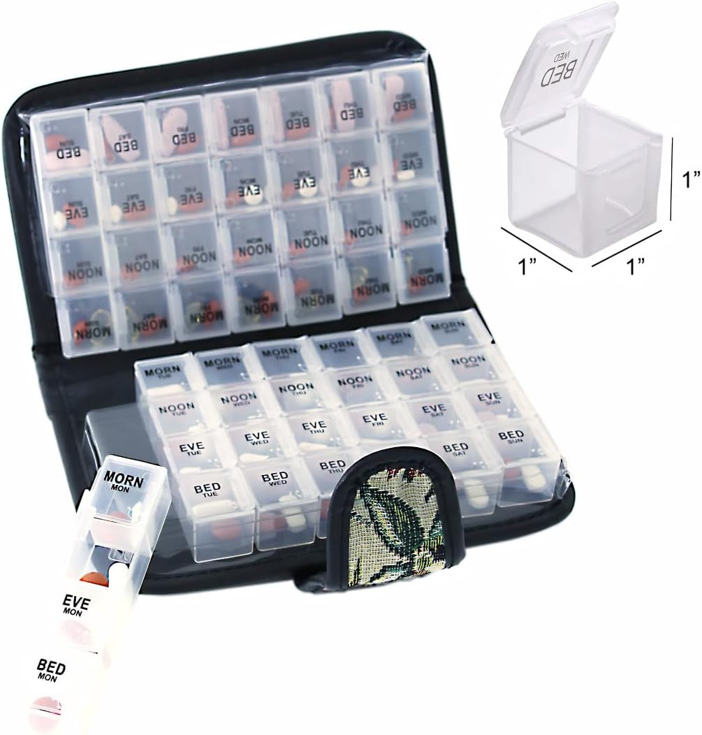 Floral Pill Case Box, 14 Day Pill Holder Pill Container & Medication Organizer, Travel Case - 4 Marked Compartments for Each Day of the Week - Morn, Noon, Eve, Bed