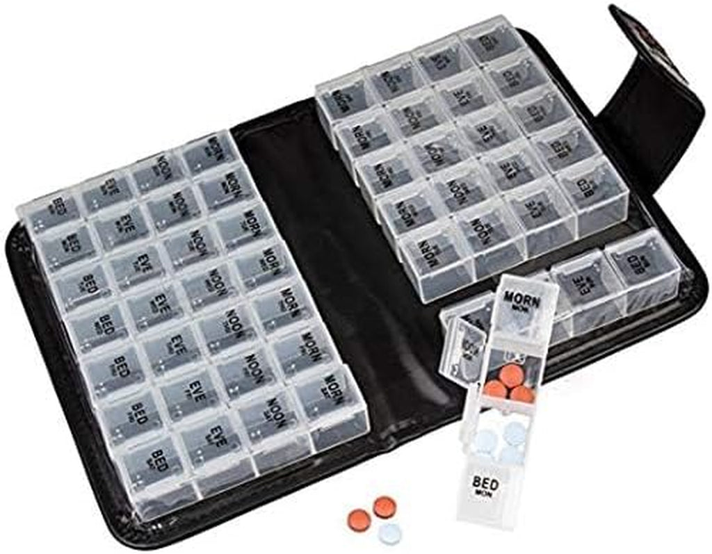 Floral Pill Case Box, 14 Day Pill Holder Pill Container & Medication Organizer, Travel Case - 4 Marked Compartments for Each Day of the Week - Morn, Noon, Eve, Bed