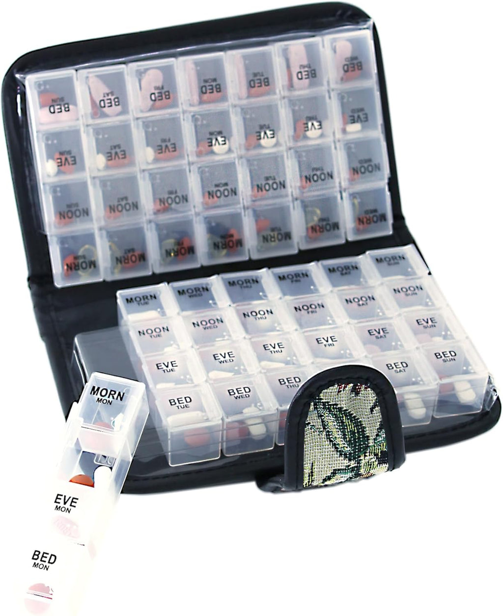 Floral Pill Case Box, 14 Day Pill Holder Pill Container & Medication Organizer, Travel Case - 4 Marked Compartments for Each Day of the Week - Morn, Noon, Eve, Bed