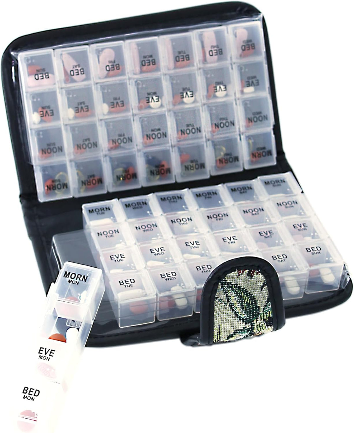 Floral Pill Case Box, 14 Day Pill Holder Pill Container & Medication Organizer, Travel Case - 4 Marked Compartments for Each Day of the Week - Morn, Noon, Eve, Bed