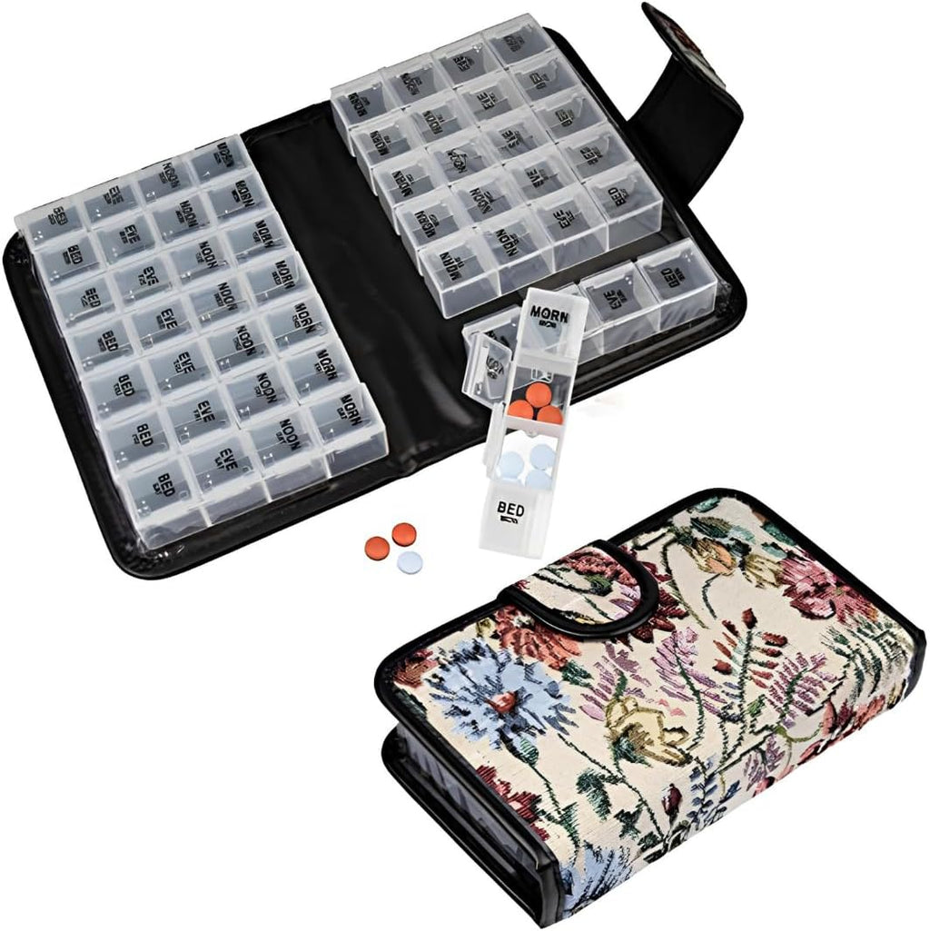 Floral Pill Case Box, 14 Day Pill Holder Pill Container & Medication Organizer, Travel Case - 4 Marked Compartments for Each Day of the Week - Morn, Noon, Eve, Bed