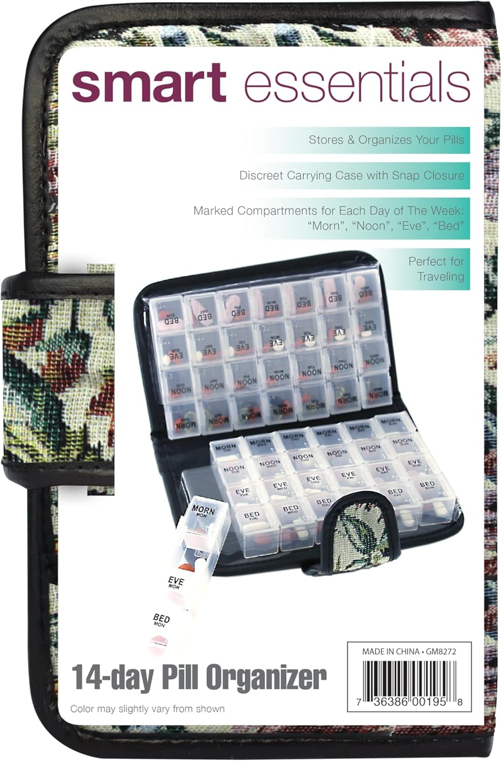 Floral Pill Case Box, 14 Day Pill Holder Pill Container & Medication Organizer, Travel Case - 4 Marked Compartments for Each Day of the Week - Morn, Noon, Eve, Bed