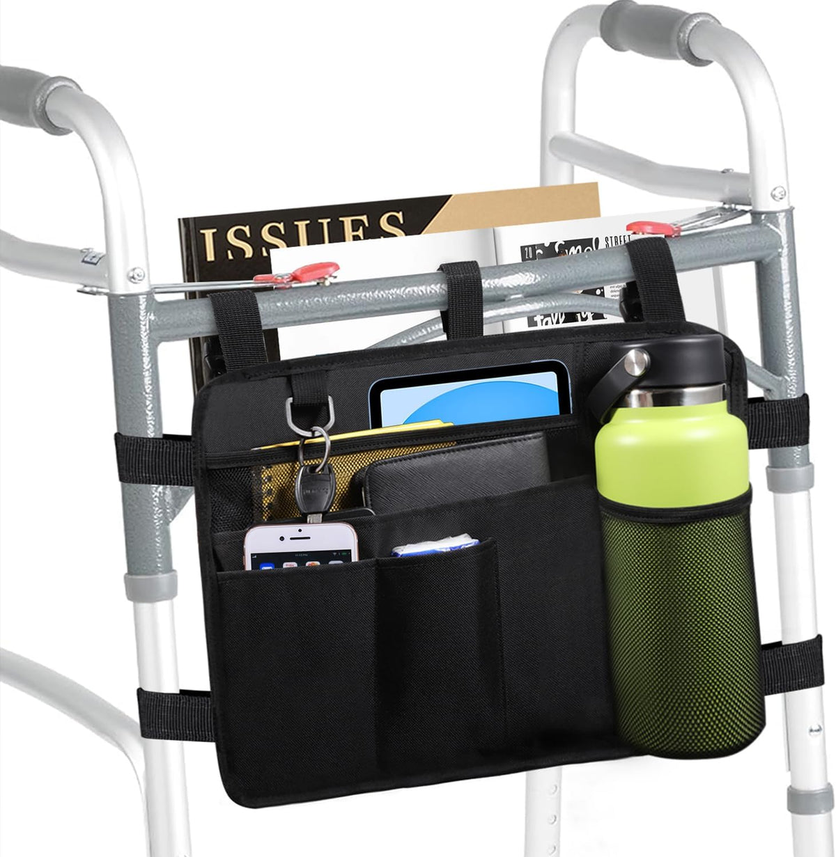 Walker Bag Walker Basket with Cup Holder - Suit for Adult Folding Walkers Rollator Organizer Carry Storage Pouch Water-Resistant Armrest Accessories for Seniors, Elderly, Handicap