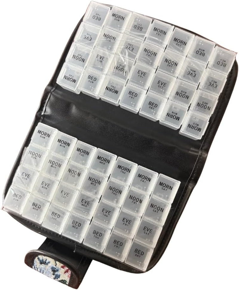 Floral Pill Case Box, 14 Day Pill Holder Pill Container & Medication Organizer, Travel Case - 4 Marked Compartments for Each Day of the Week - Morn, Noon, Eve, Bed